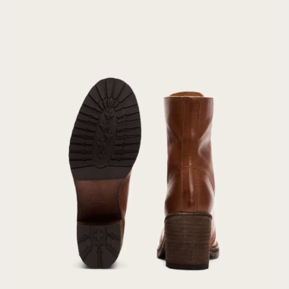Frye Karen Cognac Leather Combat Lace Up Combat Wood Block Heel Ankle Boots - Picture 5 of 16